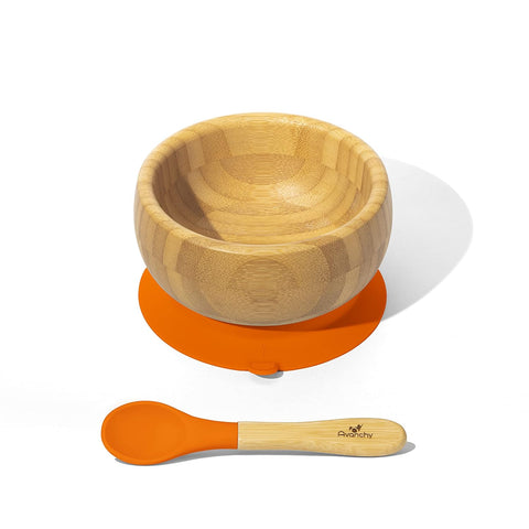 Bamboo & Silicone Baby Suction Bowl + Spoon - orange