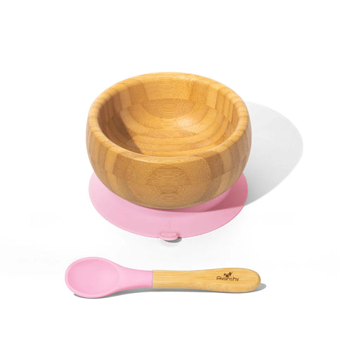 Bamboo & Silicone Baby Suction Bowl + Spoon - pink