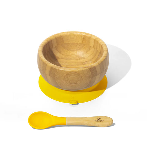 Bamboo & Silicone Baby Suction Bowl + Spoon - yellow