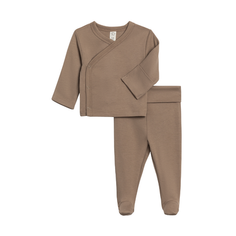 Riley Organic Kimono Wrap Top and Footed Pant Set - Taupe