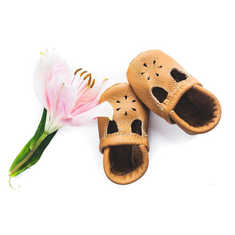 Leather Baby Shoes - Camel T Strap