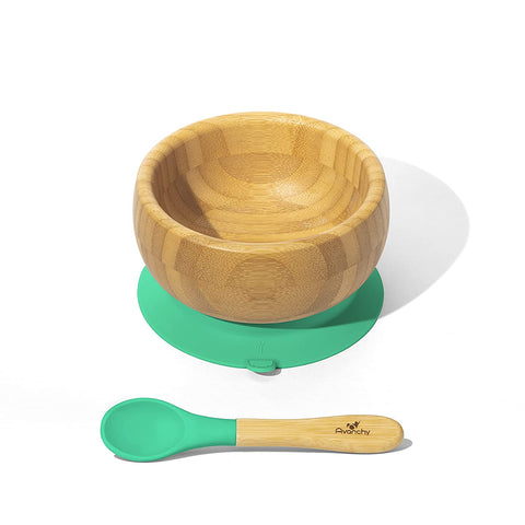 Bamboo & Silicone Baby Suction Bowl + Spoon - green