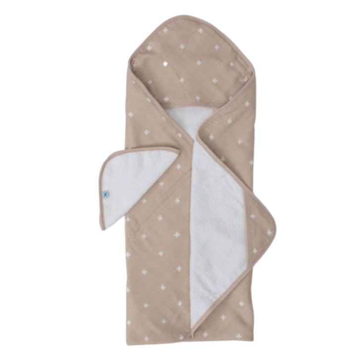 Cotton Hooded Towel & Washcloth Set - Taupe Cross
